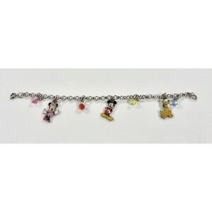 Disney Mickey Mouse Minnie Pluto Charm Bracelet Silver Tone Enamel Beaded 7"